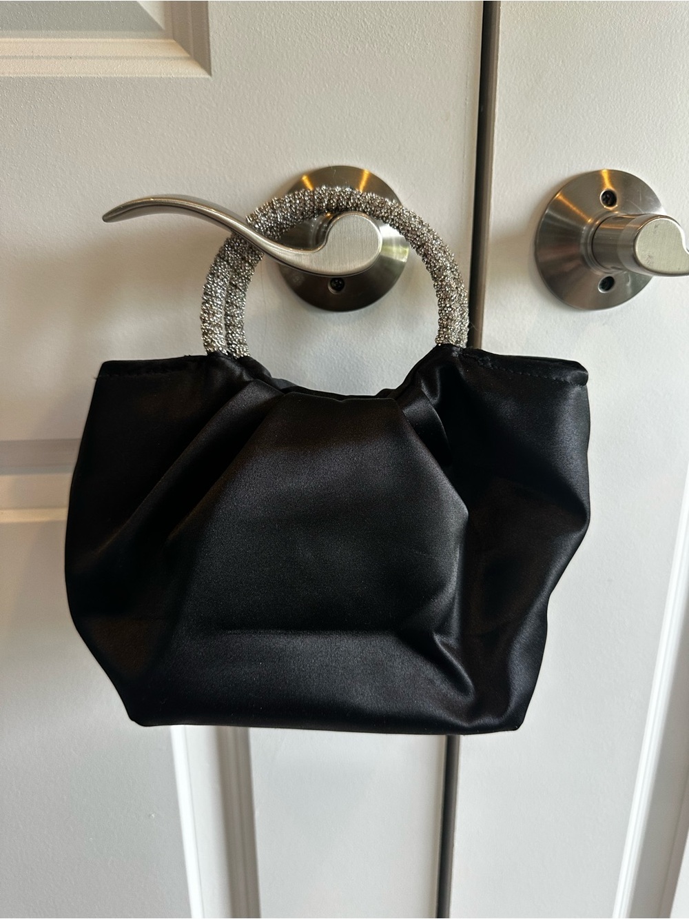 Elegant Black Satin Handbag with Crystal-Embellished Handle - Nina
